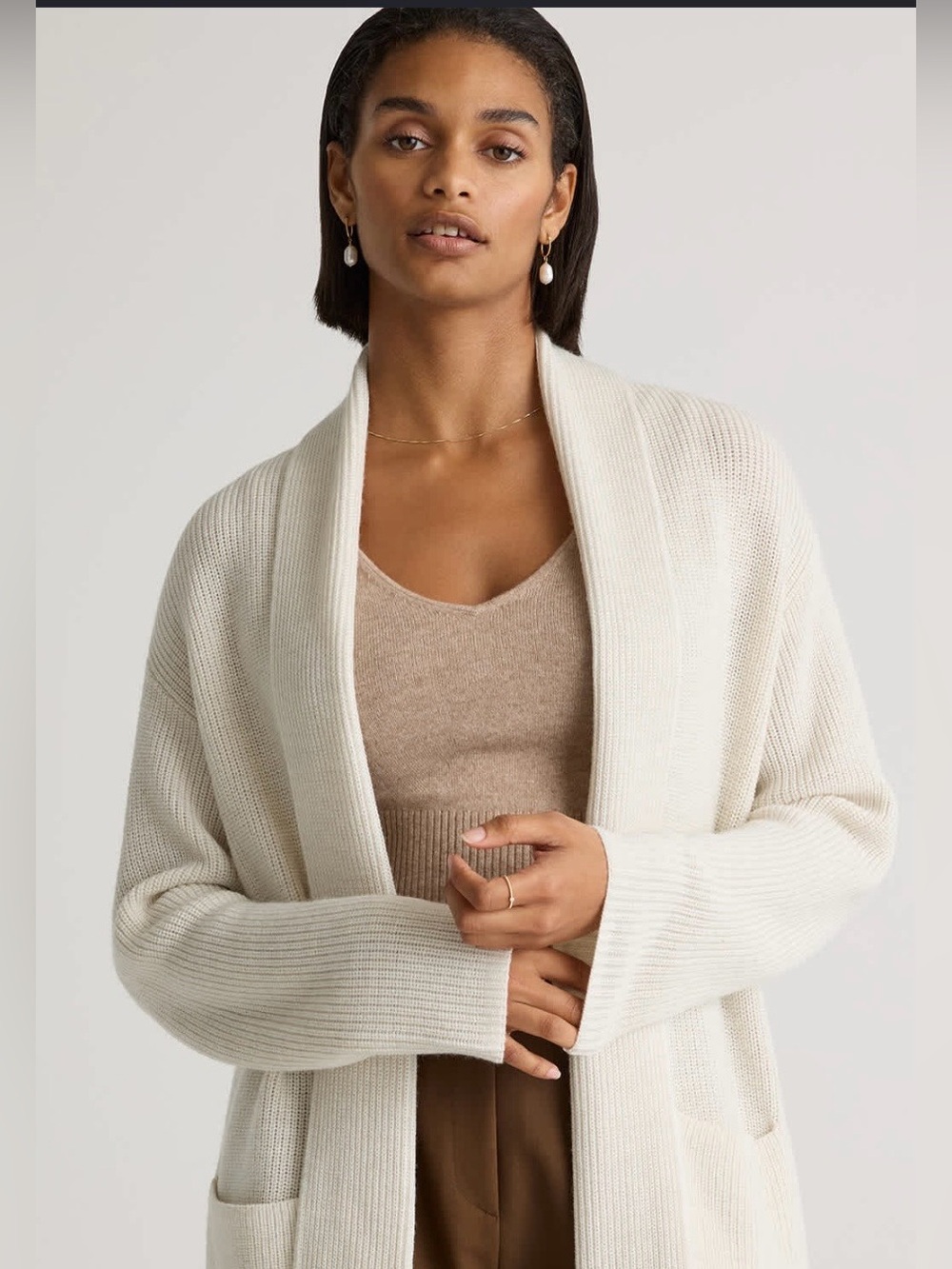 LOFT Cream Open-Front Ribbed Cardigan Sweater